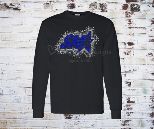 A SMA Glitter Logo with Rhinestone Scatter Design, featuring a glitter vinyl logo with scattered rhinestones for added sparkle and dimension.