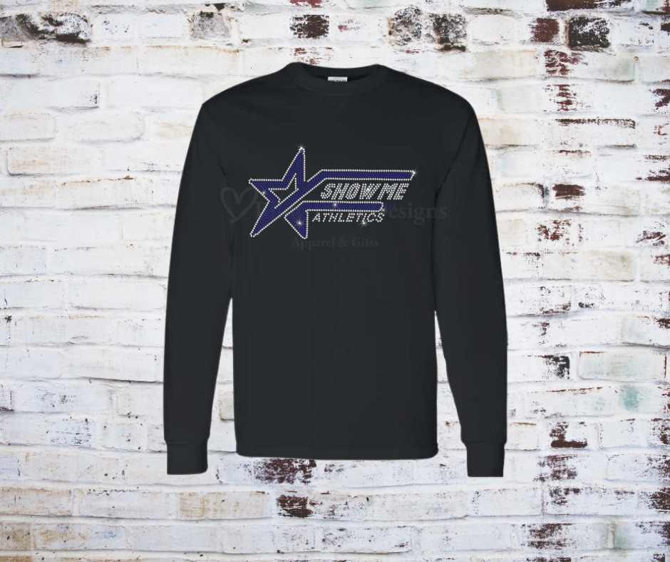 A Show Me Athletics Rhinestone long sleeve Tee, featuring a bold logo adorned with shimmering rhinestones on soft, high-quality fabric.