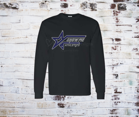 A Show Me Athletics Rhinestone long sleeve Tee, featuring a bold logo adorned with shimmering rhinestones on soft, high-quality fabric.