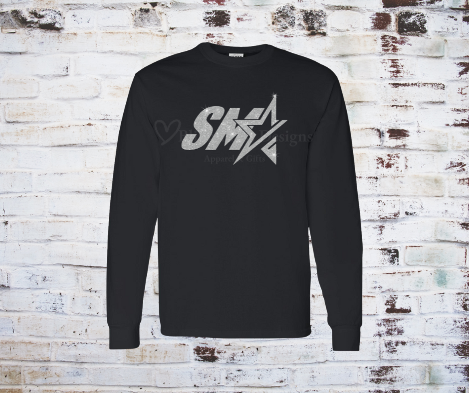 Black long sleeve tee with a silver glitter "SMA" logo.