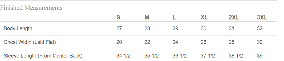 A table showing clothing size measurements for different body dimensions for each size from small to  3 extra large.