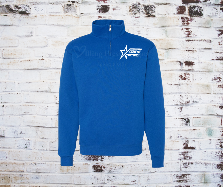 A Men's Quarter Zip Sweatshirt made from soft, durable fabric, featuring a Show Me Athletics logo on the chest. The quarter-zip design allows for adjustable comfort, perfect for athletic or casual wear.