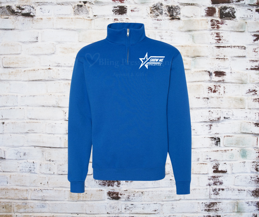 A Men's Quarter Zip Sweatshirt made from soft, durable fabric, featuring a Show Me Athletics logo on the chest. The quarter-zip design allows for adjustable comfort, perfect for athletic or casual wear.
