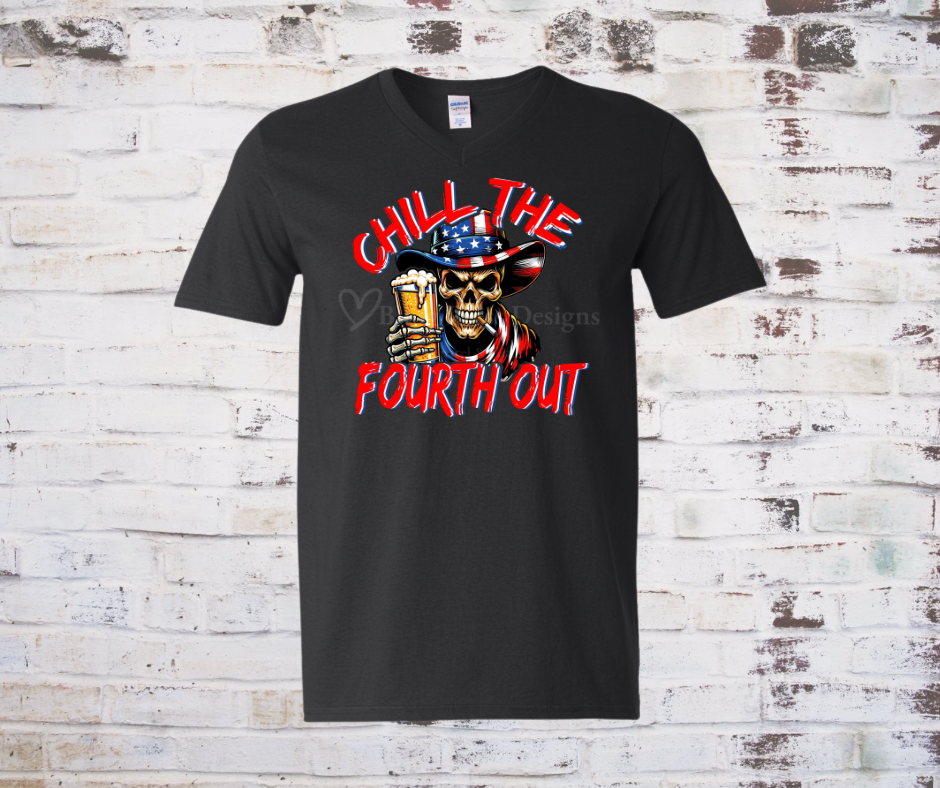 Skeleton wearing patriotic cowboy hat and holding a drink, with the phrase "Chill the Fourth Out" on a festive Fourth of July black graphic tee.