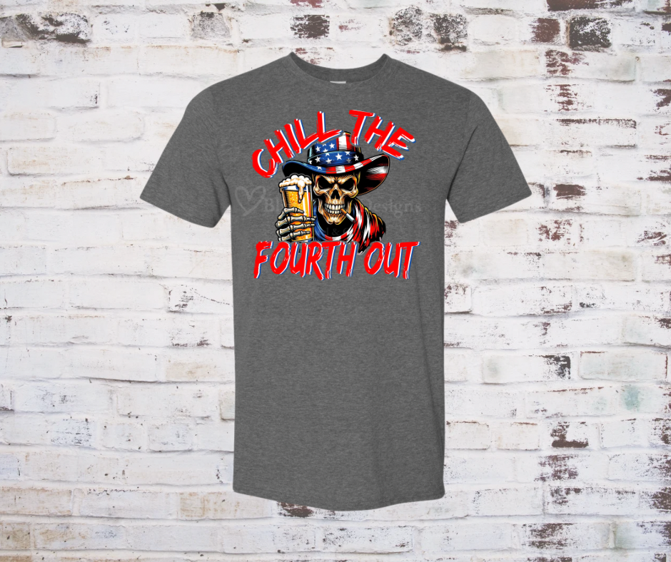 Skeleton wearing patriotic cowboy hat and holding a drink, with the phrase "Chill the Fourth Out" on a festive Fourth of July dark heat here’d grey graphic tee.