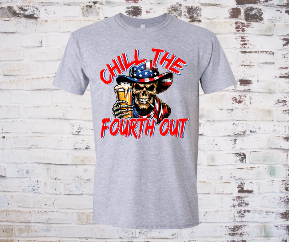 Skeleton wearing patriotic cowboy hat and holding a drink, with the phrase "Chill the Fourth Out" on a festive Fourth of July sport grey graphic tee.