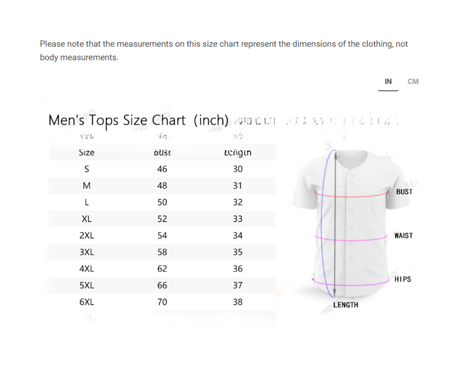 A table showing clothing size measurements for different body dimensions for each size from small to 6 extra large.