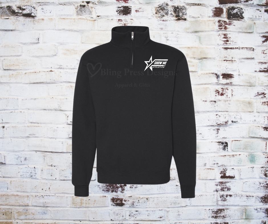 A Men's Quarter Zip Sweatshirt made from soft, durable fabric, featuring a Show Me Athletics logo on the chest. The quarter-zip design allows for adjustable comfort, perfect for athletic or casual wear.