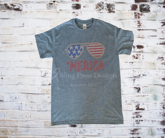Dark Grey T-shirt with rhinestoned sunglasses with american flag design and the test 'Merica in red rhinestones.