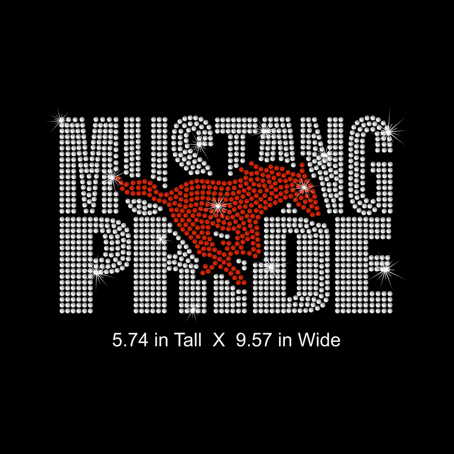 Rhinestone text 'Mustang Pride' with a red horse graphic on a black background