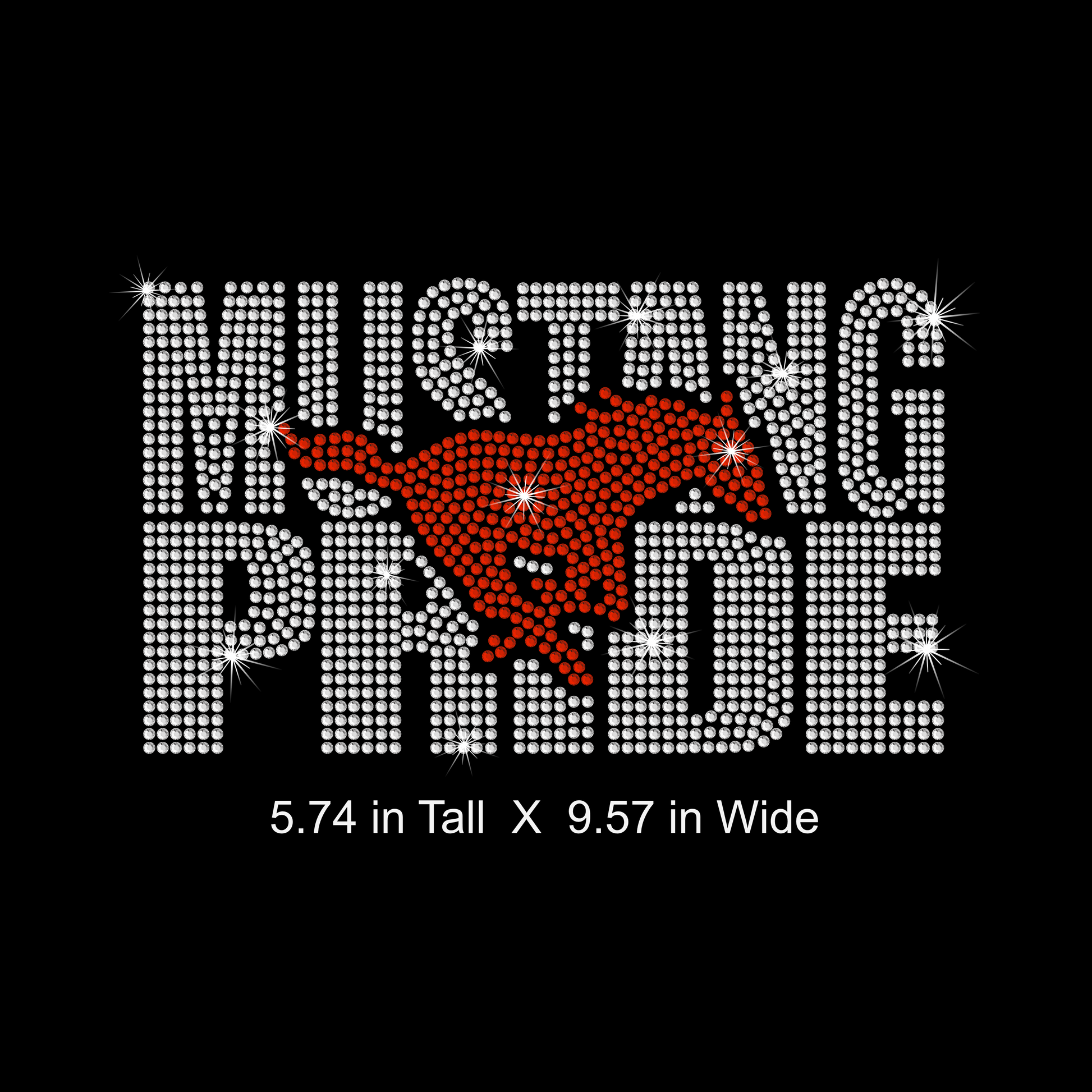 Rhinestone text 'Mustang Pride' with a red horse graphic on a black background