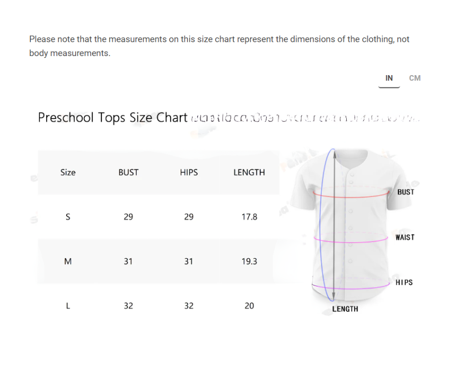 A table showing clothing size measurements for different body dimensions for each size from small to large.