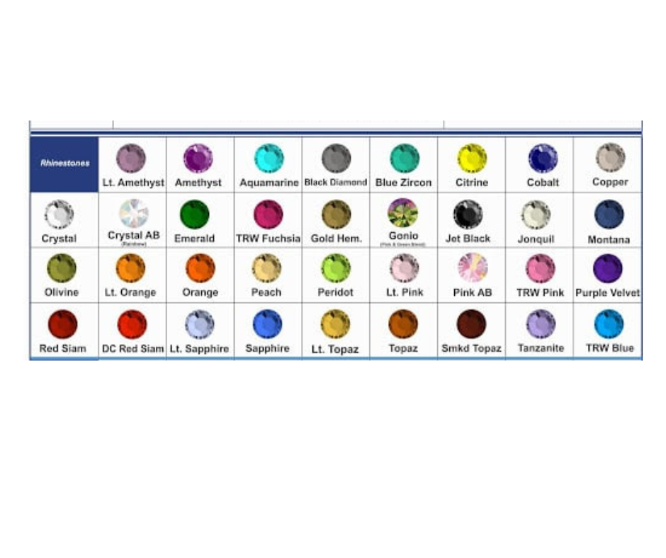 Rhinestone color chart displaying a variety of sparkling rhinestones in different colors, arranged for easy reference.