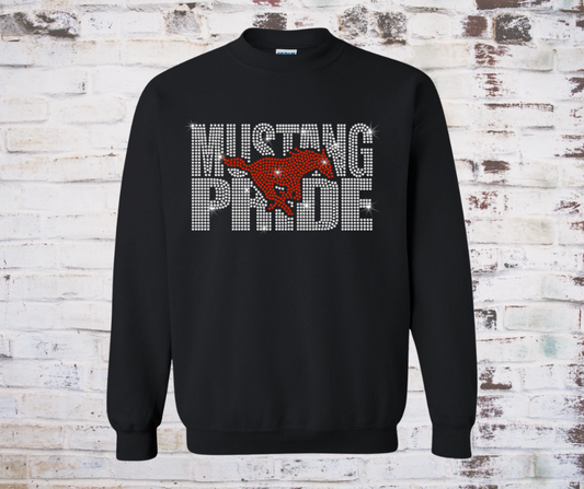 Sweatshirt featuring a sparkling rhinestone design of a galloping mustang with the words “Mustang Pride.” The rhinestones shimmer in the light, creating a bold and spirited look perfect for showing team pride.