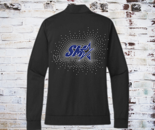 Close-up photo of a rhinestone SMA logo jacket, showcasing the sparkling rhinestones and detailed design on the back of the jacket.