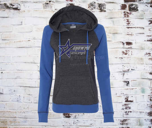 A rhinestone-embellished 'Show Me Athletics' logo on a cozy hoodie, with sparkling rhinestones highlighting the bold logo design