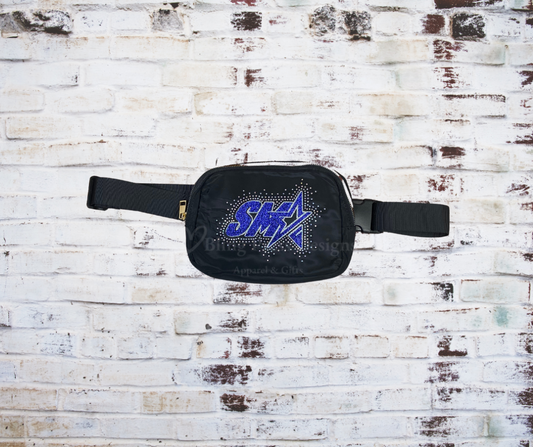 A Glitter SMA Logo with Rhinestone Scatter Cross Body Bag, featuring a sparkling SMA logo surrounded by rhinestones. A stylish and functional accessory with an adjustable strap, perfect for carrying essentials with a touch of glamour.