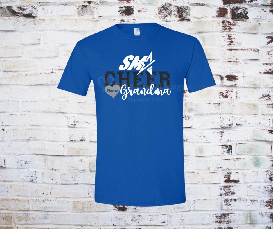 A royal blue "Cheer Grandma" tee with a bold glitter vinyl design, featuring sparkling lettering on soft, breathable fabric. Perfect for showing off cheerleading pride with a stylish, eye-catching touch.