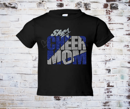 A Rhinestone and Glitter Vinyl Cheer Mom Tee, featuring a sparkling Cheer Mom design with glitter vinyl and rhinestone accents. Made from soft, breathable fabric for a stylish and comfortable look at cheer events or everyday wear.