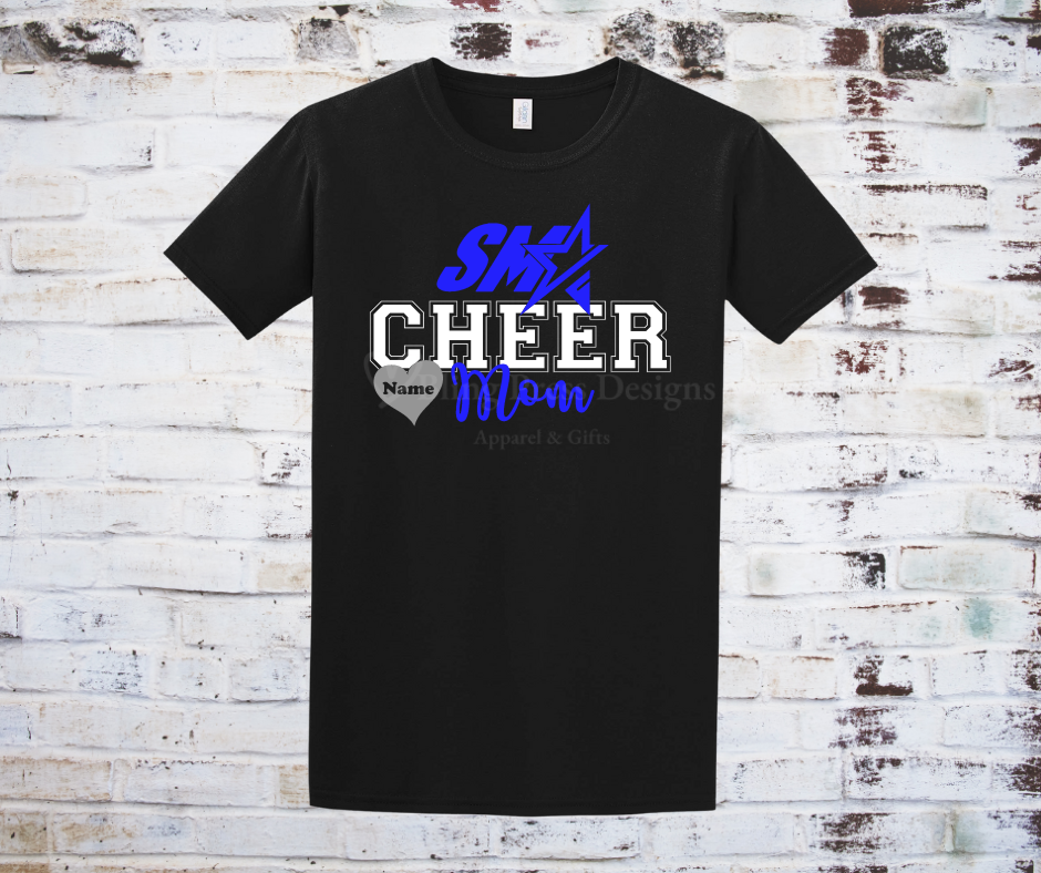 A black "Cheer Mom" tee with a bold glitter vinyl design, featuring sparkling lettering on soft, breathable fabric. Perfect for showing off cheerleading pride with a stylish, eye-catching touch.