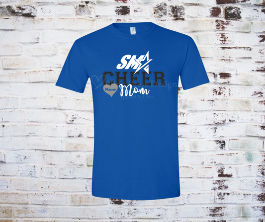 A royal blue "Cheer Mom" tee with a bold glitter vinyl design, featuring sparkling lettering on soft, breathable fabric. Perfect for showing off cheerleading pride with a stylish, eye-catching touch.