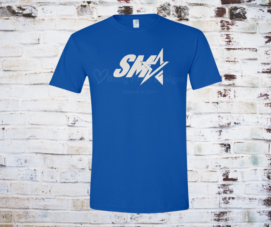 Royal Blue tee with a white glitter "SMA" logo.