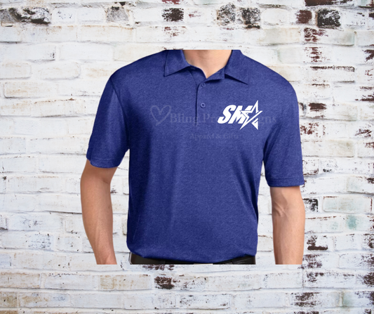 A Performance Polo featuring the SMA logo on the chest, crafted from moisture-wicking, breathable fabric for comfort and flexibility.
