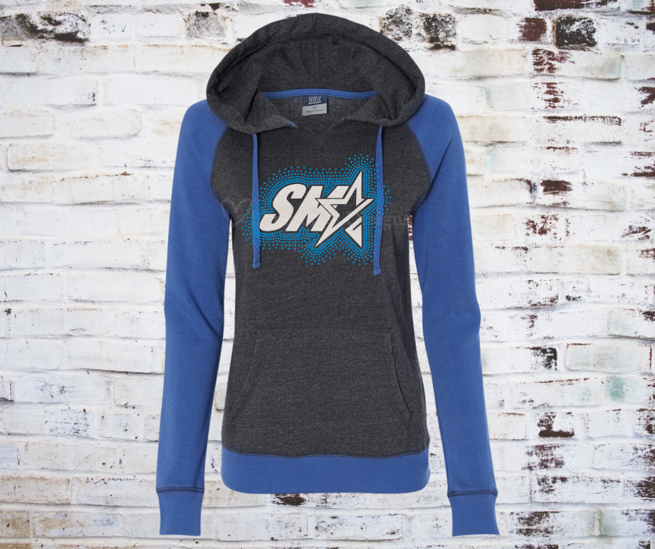 A SMA Glitter Logo with Blue Rhinestone Raglan Hoodie, featuring a glitter SMA logo accented with blue rhinestones.