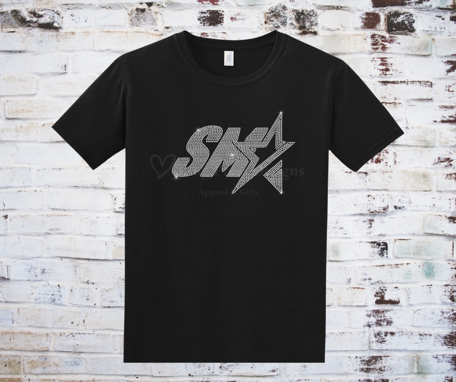An SMA Rhinestone Tee, featuring a bold logo adorned with shimmering crystal AB rhinestones on soft, high-quality fabric.
