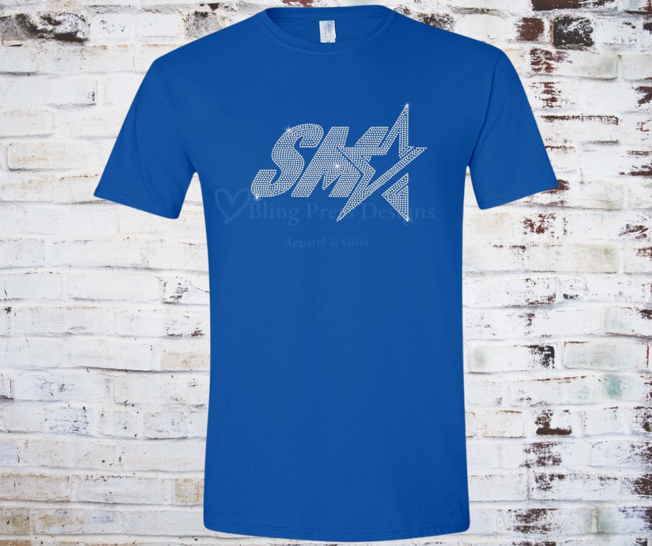 An SMA Rhinestone  Tee, featuring a bold logo adorned with shimmering crystal AB rhinestones on soft, high-quality fabric.