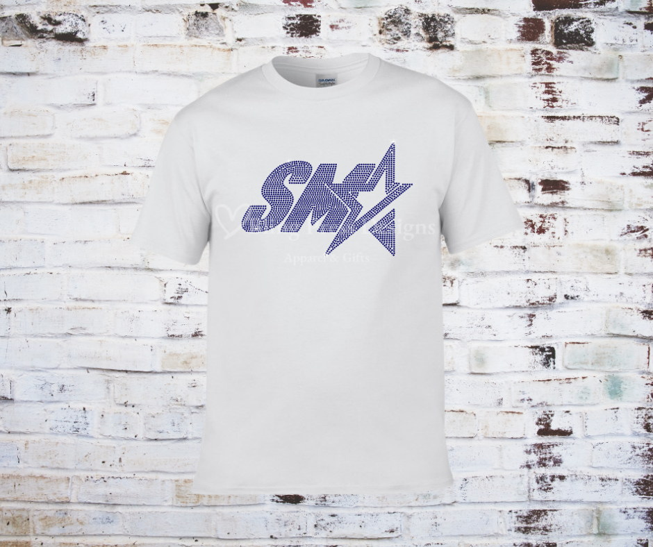 An SMA Rhinestone Tee, featuring a bold logo adorned with Blue shimmering rhinestones on soft, high-quality fabric.