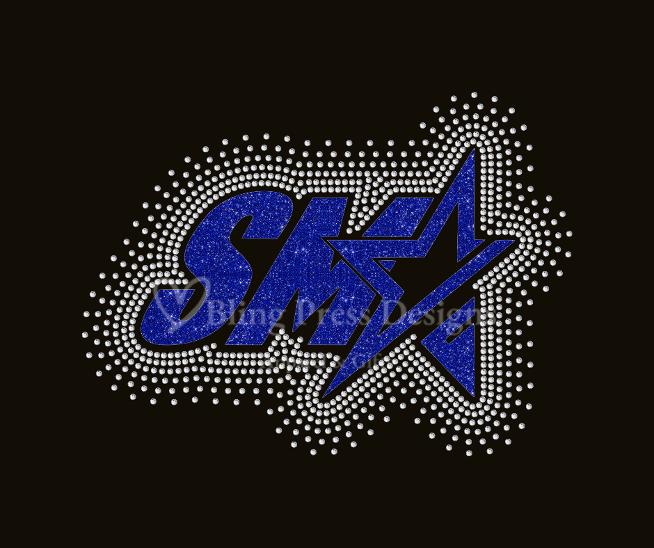 A SMA Me Glitter Logo with Rhinestone Scatter Design, featuring a glitter vinyl logo with scattered rhinestones for added sparkle and dimension.