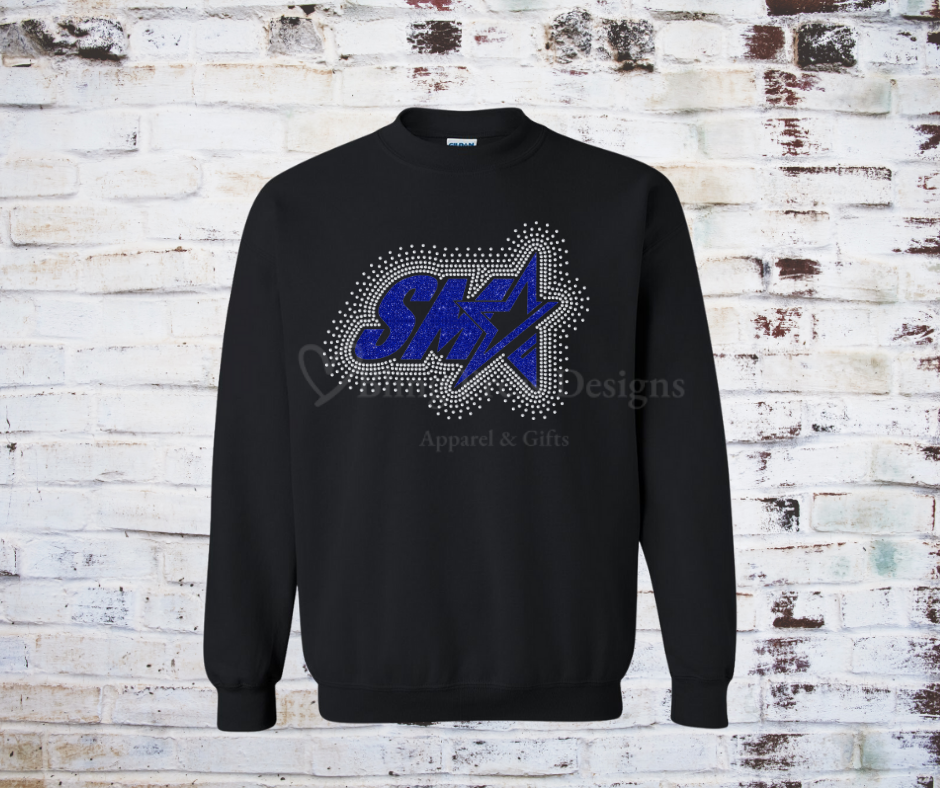 A SMA Me Glitter Logo with Rhinestone Scatter Design, featuring a glitter vinyl logo with scattered rhinestones for added sparkle and dimension.