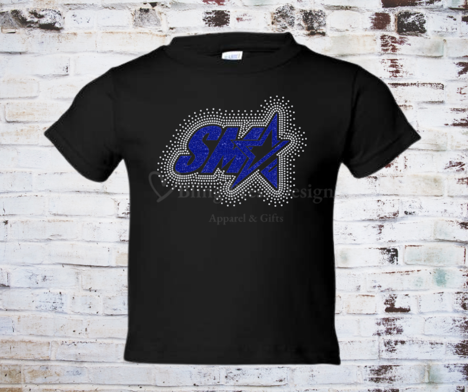 A SMA Me Glitter Logo with Rhinestone Scatter Design, featuring a glitter vinyl logo with scattered rhinestones for added sparkle and dimension.