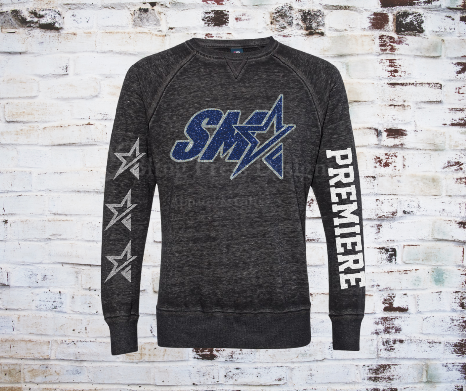 A **Glitter SMA Logo Premiere Team Sweatshirt**, featuring a bold **SMA** logo in glitter vinyl on soft, comfortable fabric. A cozy and stylish way to showcase school spirit with a sparkling touch.