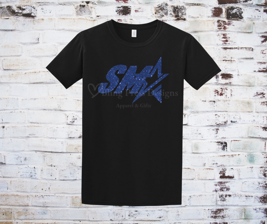 Black tee with a royal blue glitter "SMA" logo.