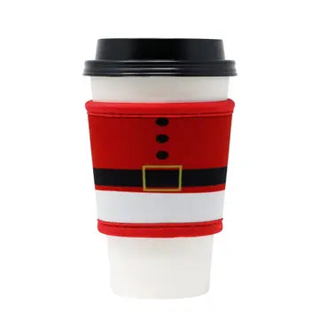 A reusable hot beverage sleeve designed to protect hands from hot drinks, featuring a Santa Belt design and lightweight, eco-friendly material that fits most coffee cups and tumblers.
