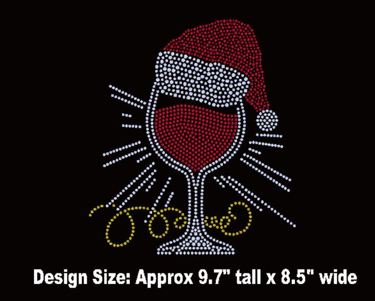 Decorative design of a wine glass with a Santa hat on a black background, with text indicating design size.