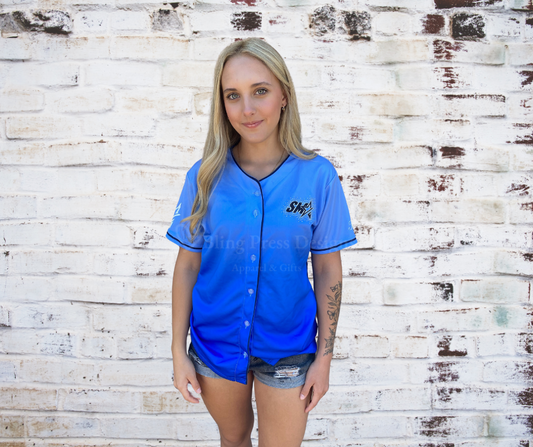 A Front view of the Show Me Rhinestone Jersey featuring a glitter vinyl logo and rhinestone accents, combining sporty style with a sparkling design.