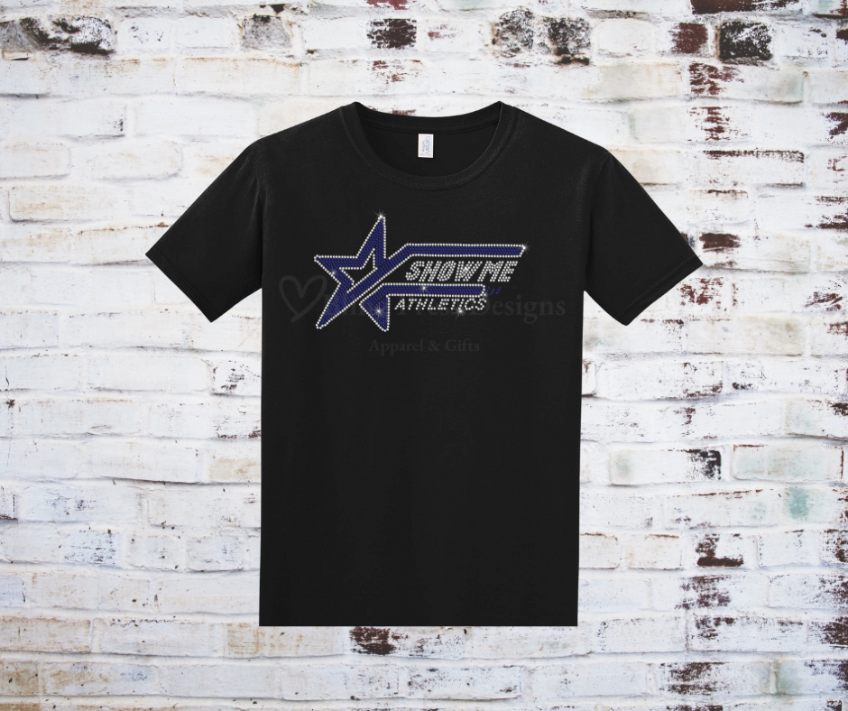 A Show Me Athletics Rhinestone Classic Tee, featuring a bold logo adorned with shimmering rhinestones on soft, high-quality fabric.