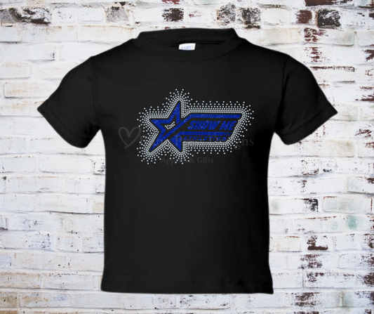 A Show Me Glitter Logo with Rhinestone Scatter Design, featuring a glitter vinyl logo with scattered rhinestones for added sparkle and dimension.