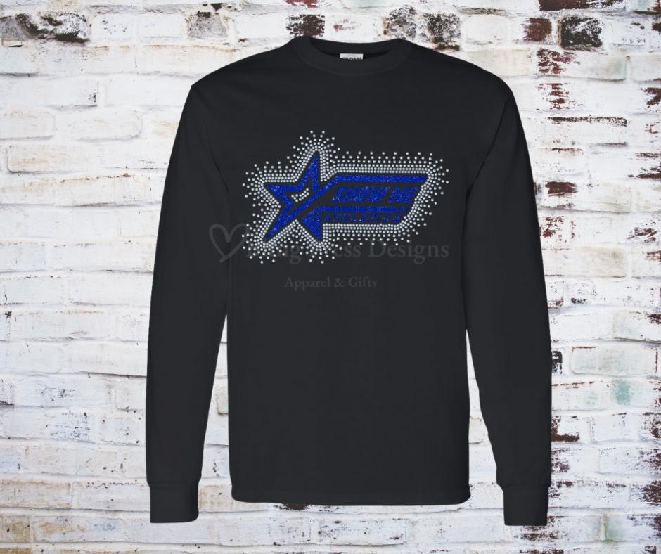 A Show Me Glitter Logo with Rhinestone Scatter Design, featuring a glitter vinyl logo with scattered rhinestones for added sparkle and dimension.