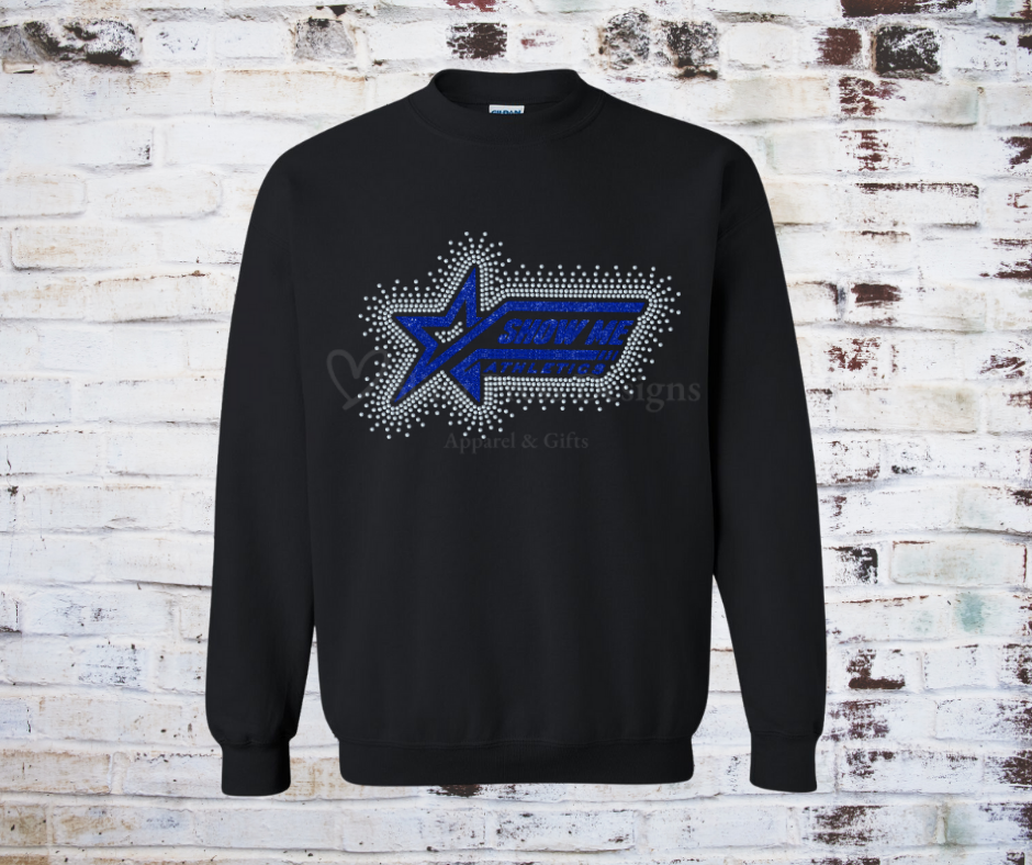 A Show Me Glitter Logo with Rhinestone Scatter Design, featuring a glitter vinyl logo with scattered rhinestones for added sparkle and dimension. perfect for casual or athletic wear.