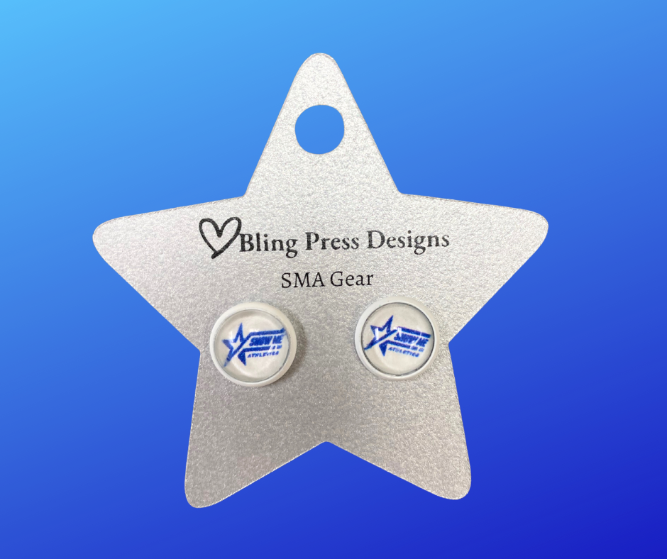 "10mm cabochon earrings featuring a smooth, polished design with an Show Me Athletics logo detail."
