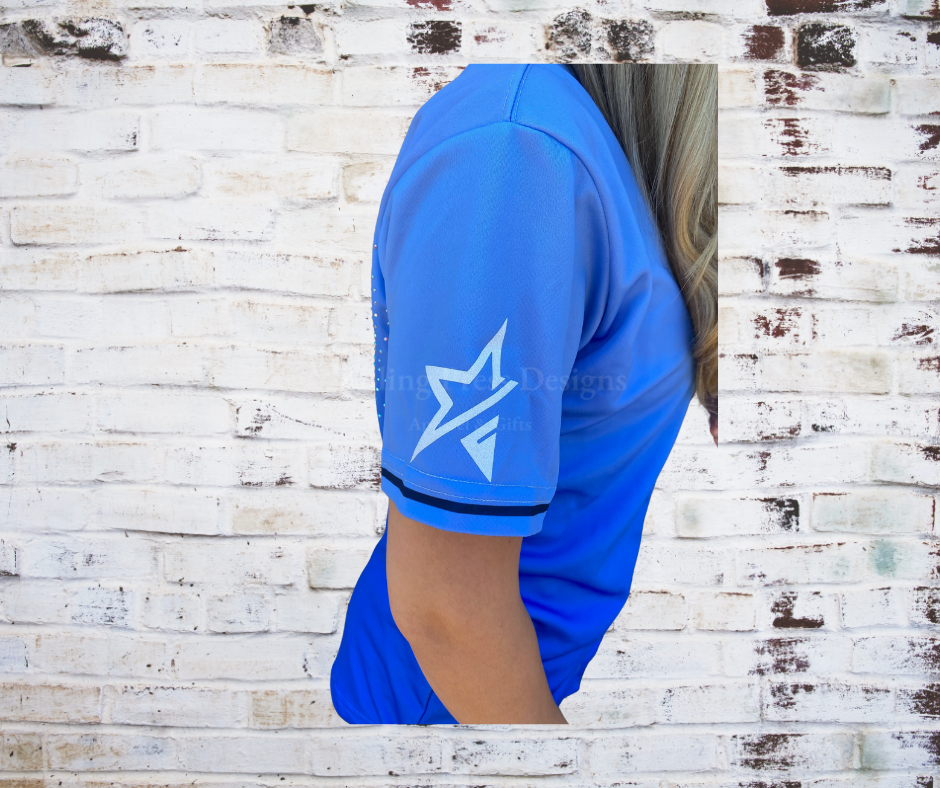 A side view of the Show Me Rhinestone Jersey featuring a glitter vinyl logo and rhinestone accents, combining sporty style with a sparkling design.