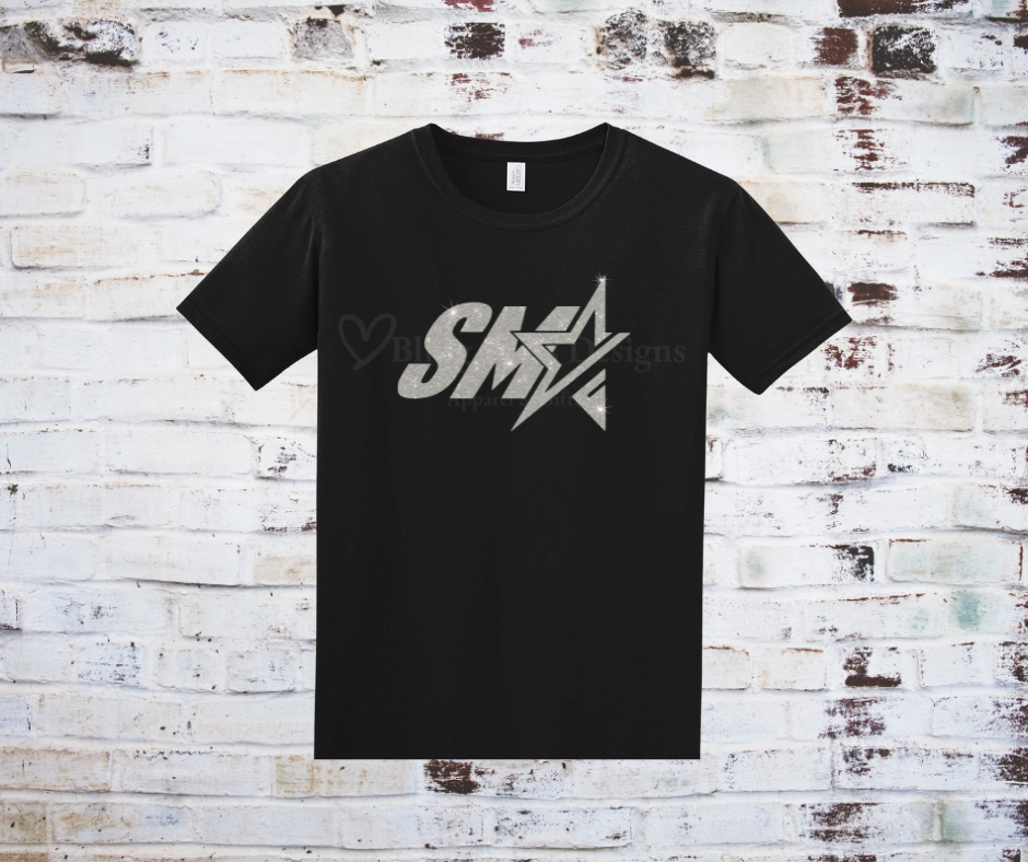 Black tee with a silver glitter "SMA" logo.