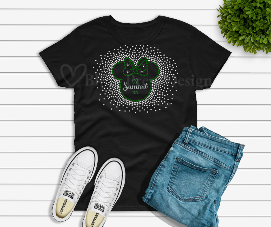 **"Black Minnie with spray D2 Summit T-shirt featuring a sparkling rhinestones on the front, laid flat to show unisex fit and shimmer detail."**