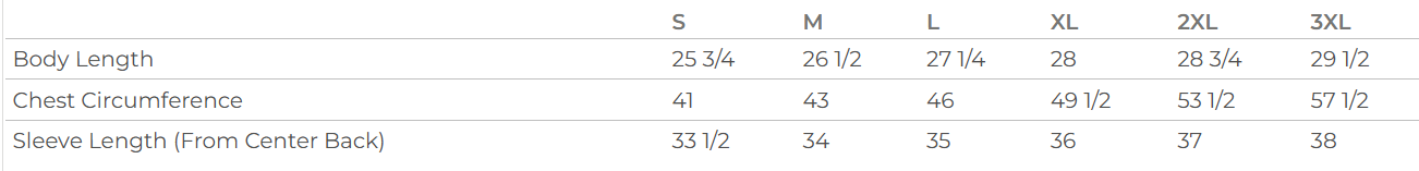 A table showing clothing size measurements for different body dimensions for each size from small to 3 extra large.