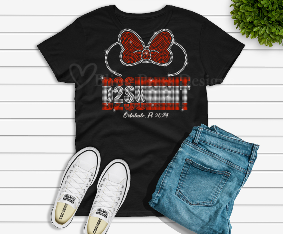 **"Black D2 Summit T-shirt featuring a sparkling rhinestones on the front, laid flat to show unisex fit and shimmer detail."**