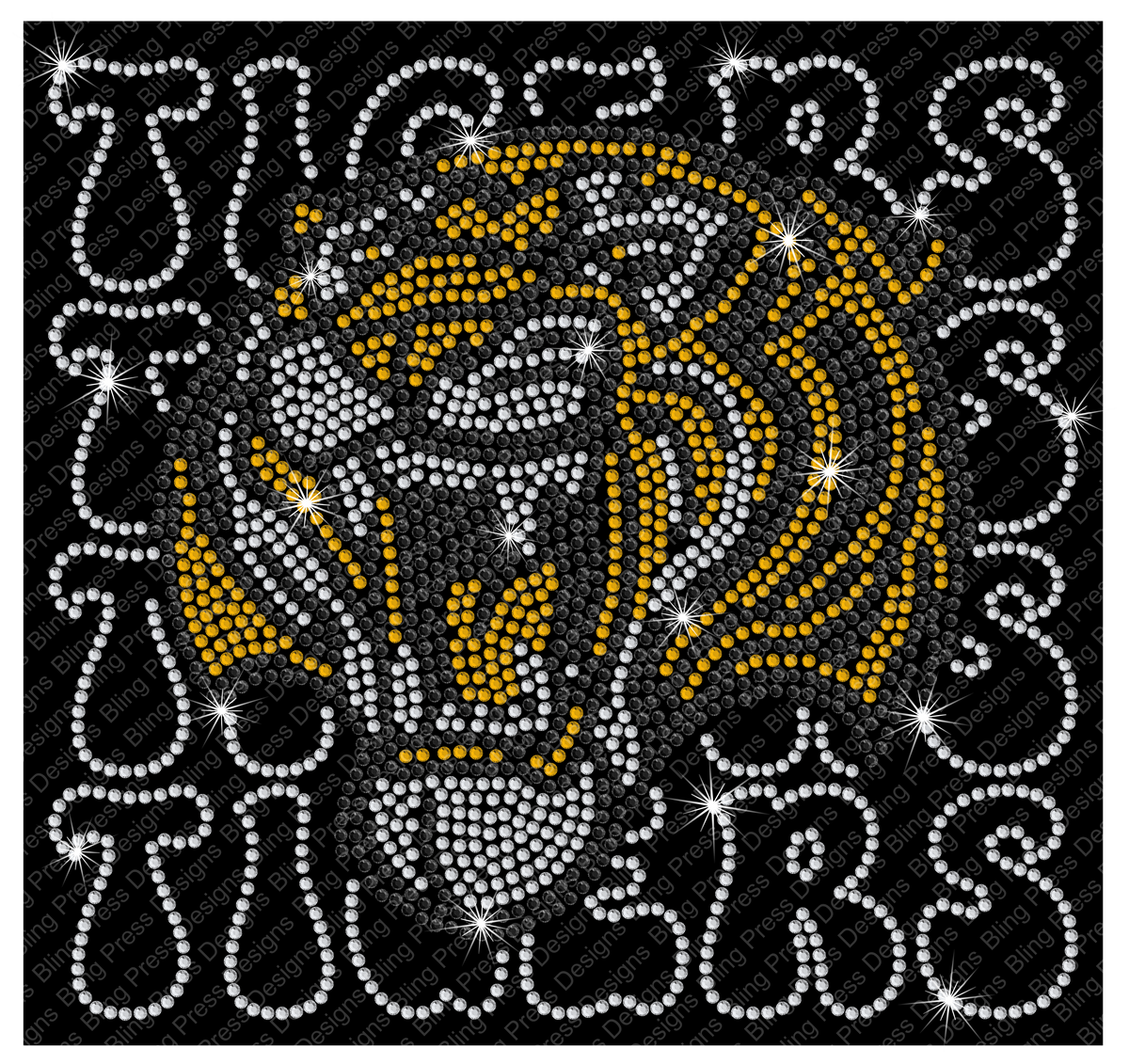 A rhinestone-style tiger head design with white and yellow gem accents on a black background, surrounded by decorative white lettering. The image has a repeated diagonal watermark reading 'Rhinestone'.